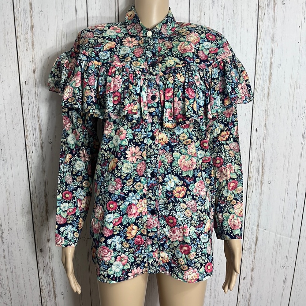 Vintage Conversation Pieces Floral Long Sleeve Ruffle Bodice Button Down Top